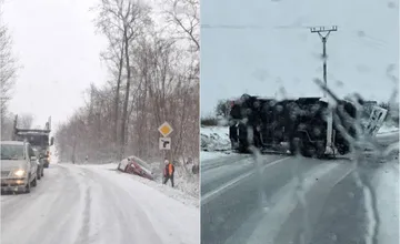 Sneženie stále komplikuje dopravu: Viaceré úseky sú neprejazdné, skrížili sa kamióny a prevrátilo sa auto
