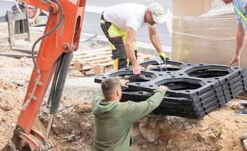 FOTO: Na pešej zóne v Nitre inštalujú koreňový systém pre stromy
